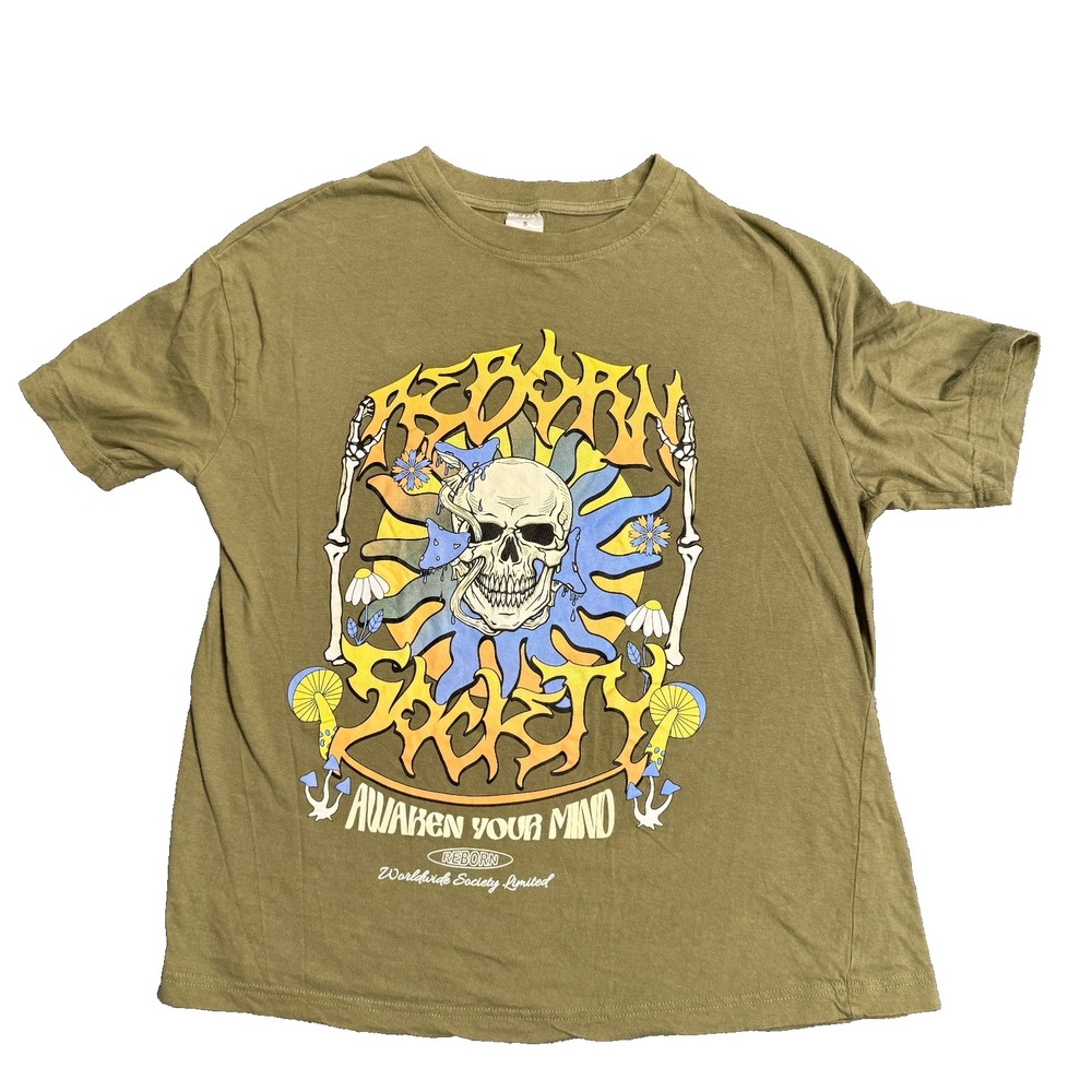Reborn Society Awaken Your Mind Skull T Shirt Skater Grunge Mens S Olive Green